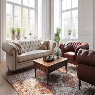 Classic Living Room Design with Beige Sofas and Leather Armchair